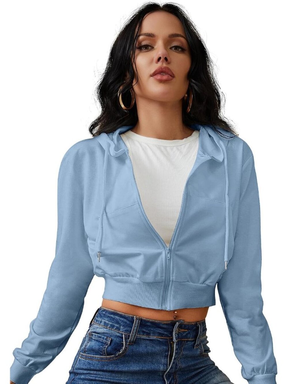 〽️Women's Light Blue Cropped Zip Hoodie Long Sleeve Hooded Jacket Casual Sweatsh